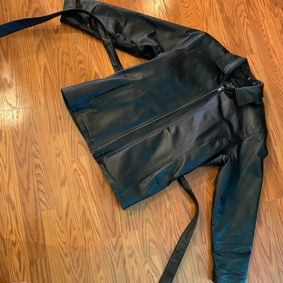 Vintage Y2K Leather Jacket Bomber Jacket Tie Waist Black Soft Leather Coat - Picture 3 of 14